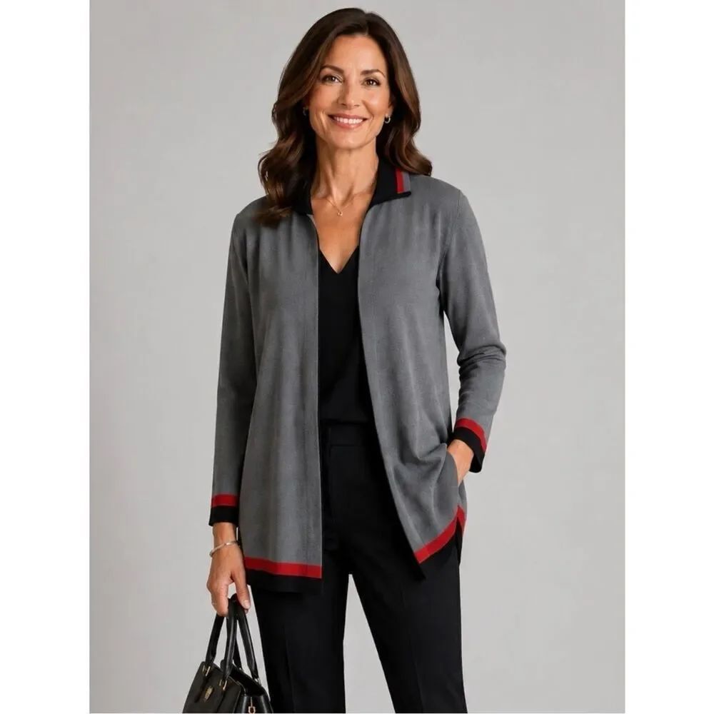 Exclusively Misook Open Front Cardigan Sweater in Gray Size Small